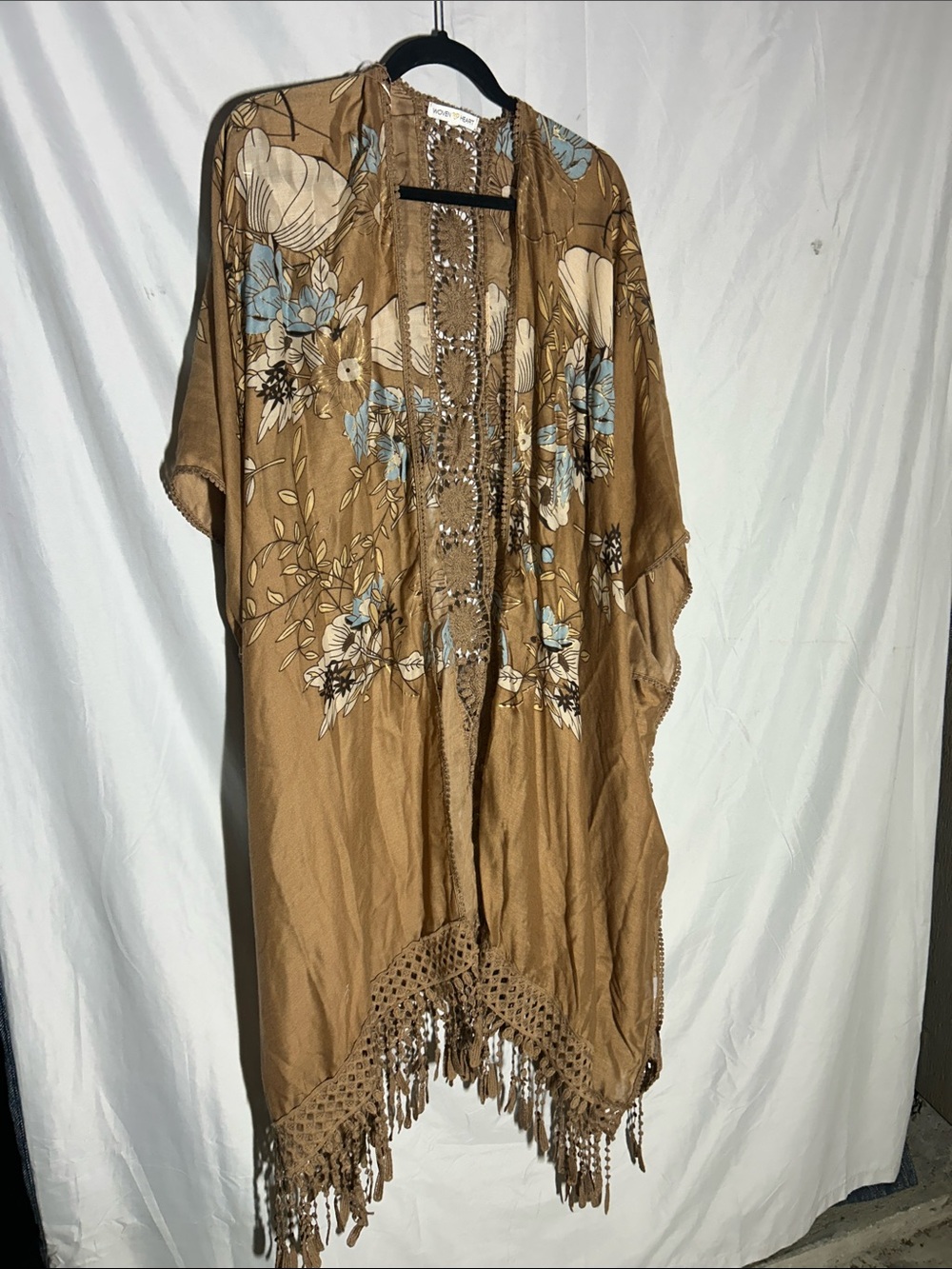 Woven Heart Tan Floral Fringe Kimono